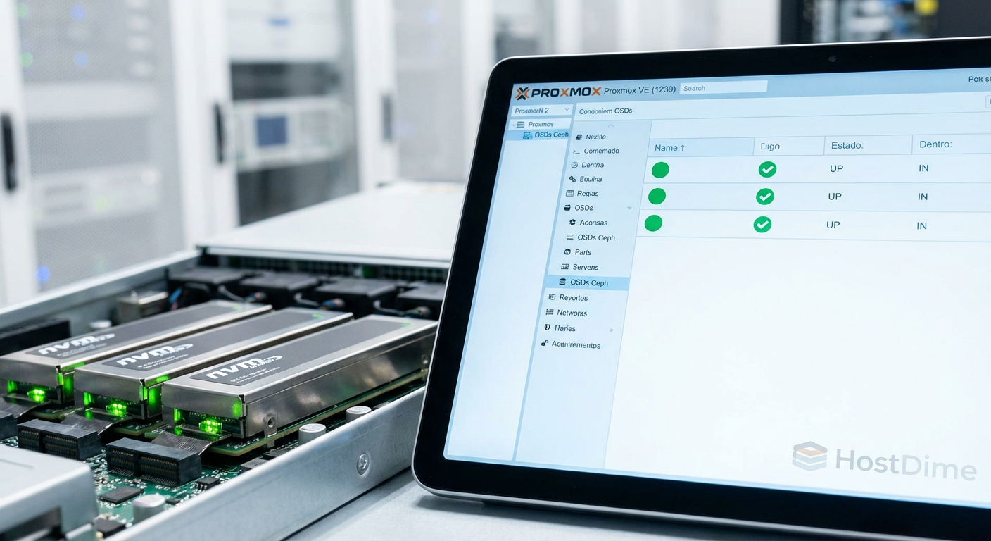 Representação da interface do Proxmox mostrando os discos OSD com status saudável (UP/IN).