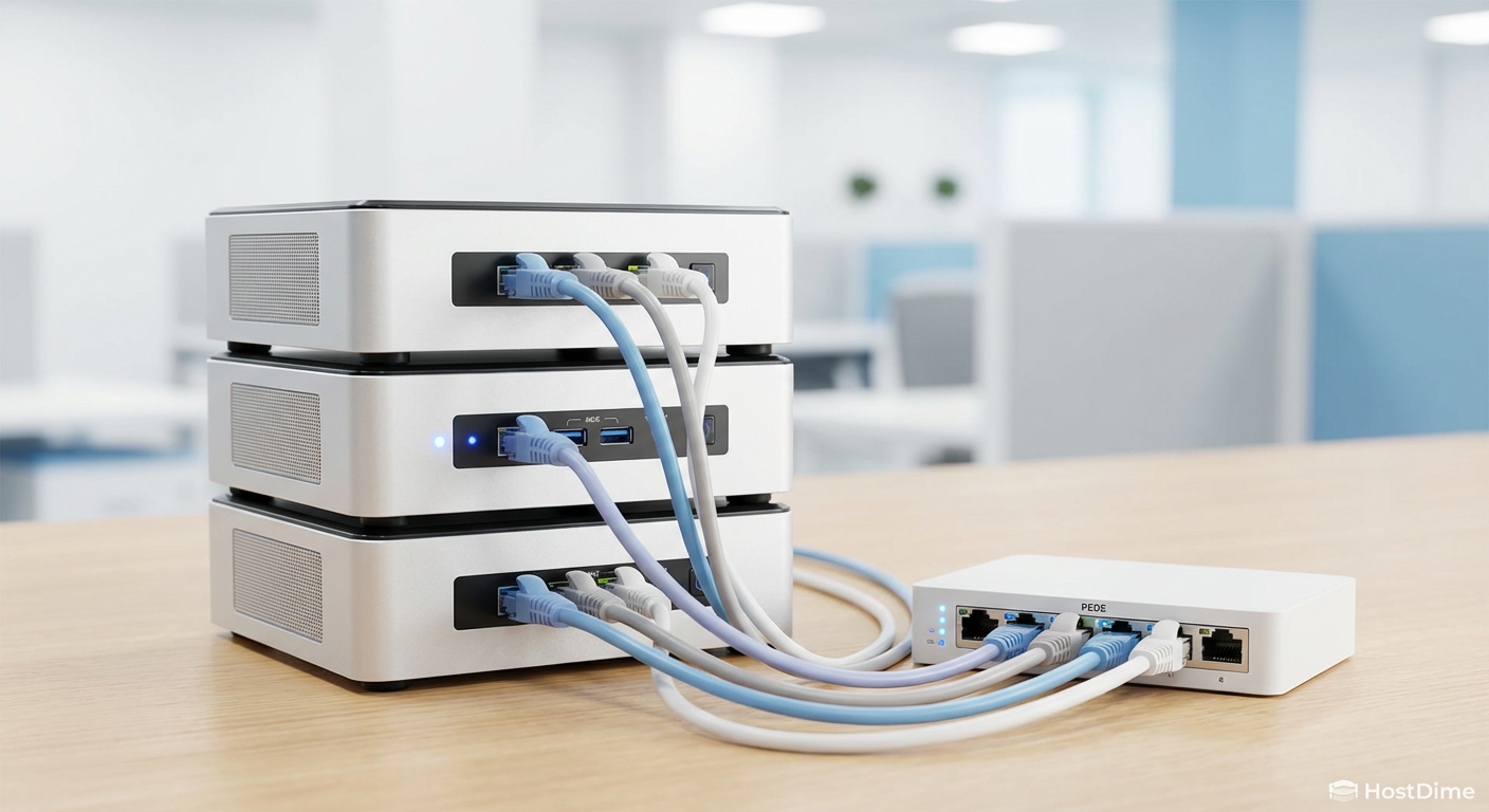 Três Mini PCs empilhados conectados a um switch de rede, formando a base física do cluster.