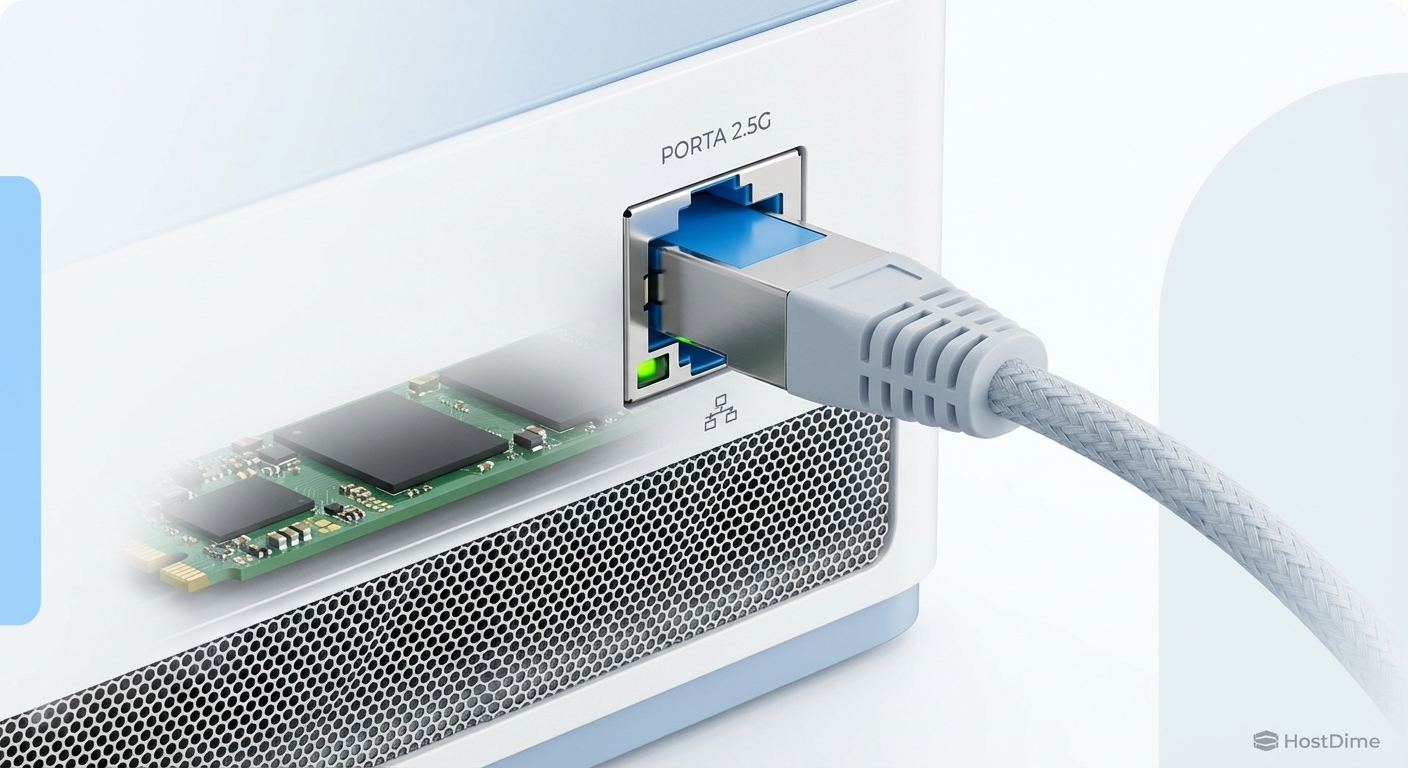 Detalhe da porta de rede 2.5GbE e do slot NVMe, os dois pilares do nosso cluster.