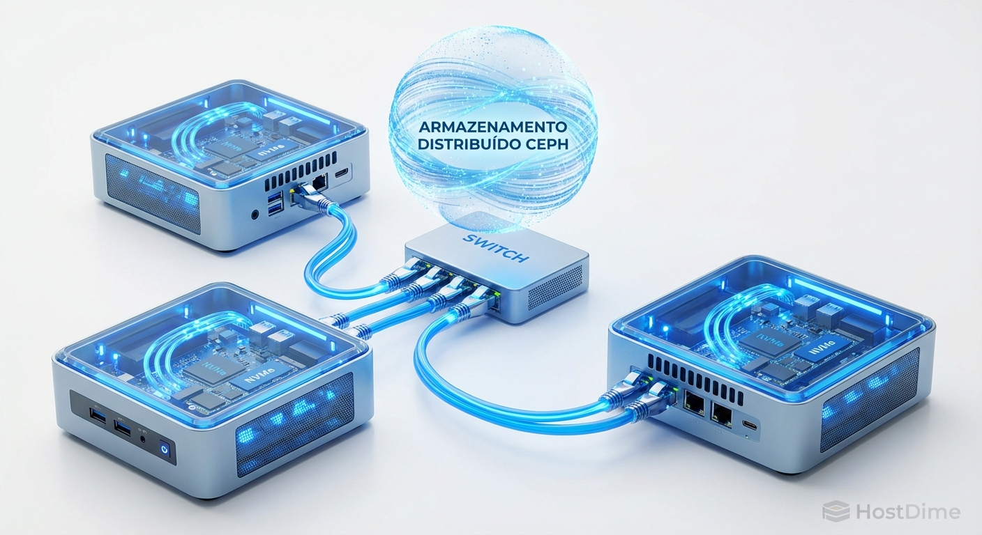 Diagrama conceitual de três mini PCs formando um pool de armazenamento unificado com Ceph.