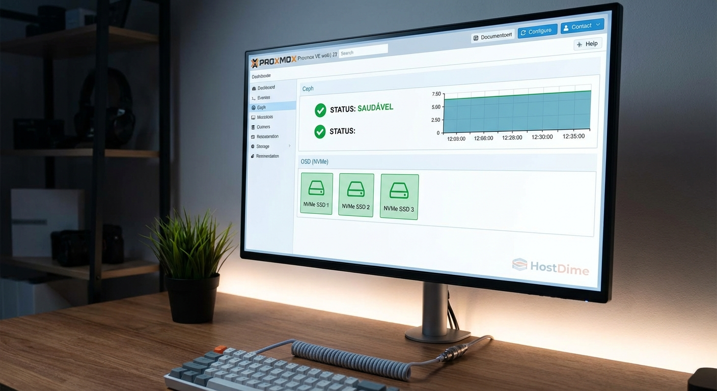 Interface do Proxmox mostrando o painel do Ceph com os OSDs saudáveis e ativos.