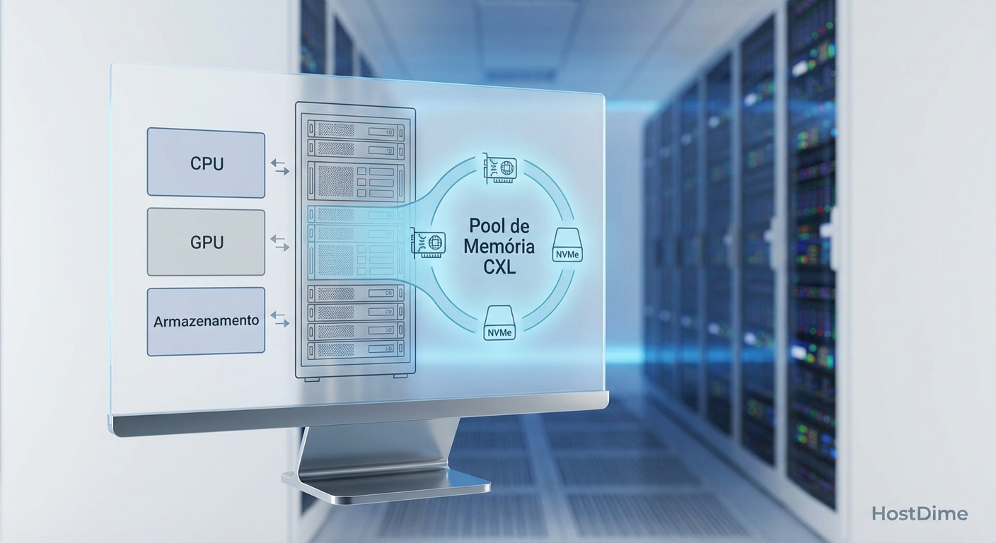 Diagrama conceitual mostrando a transição de arquiteturas isoladas para um pool de memória unificado via CXL.