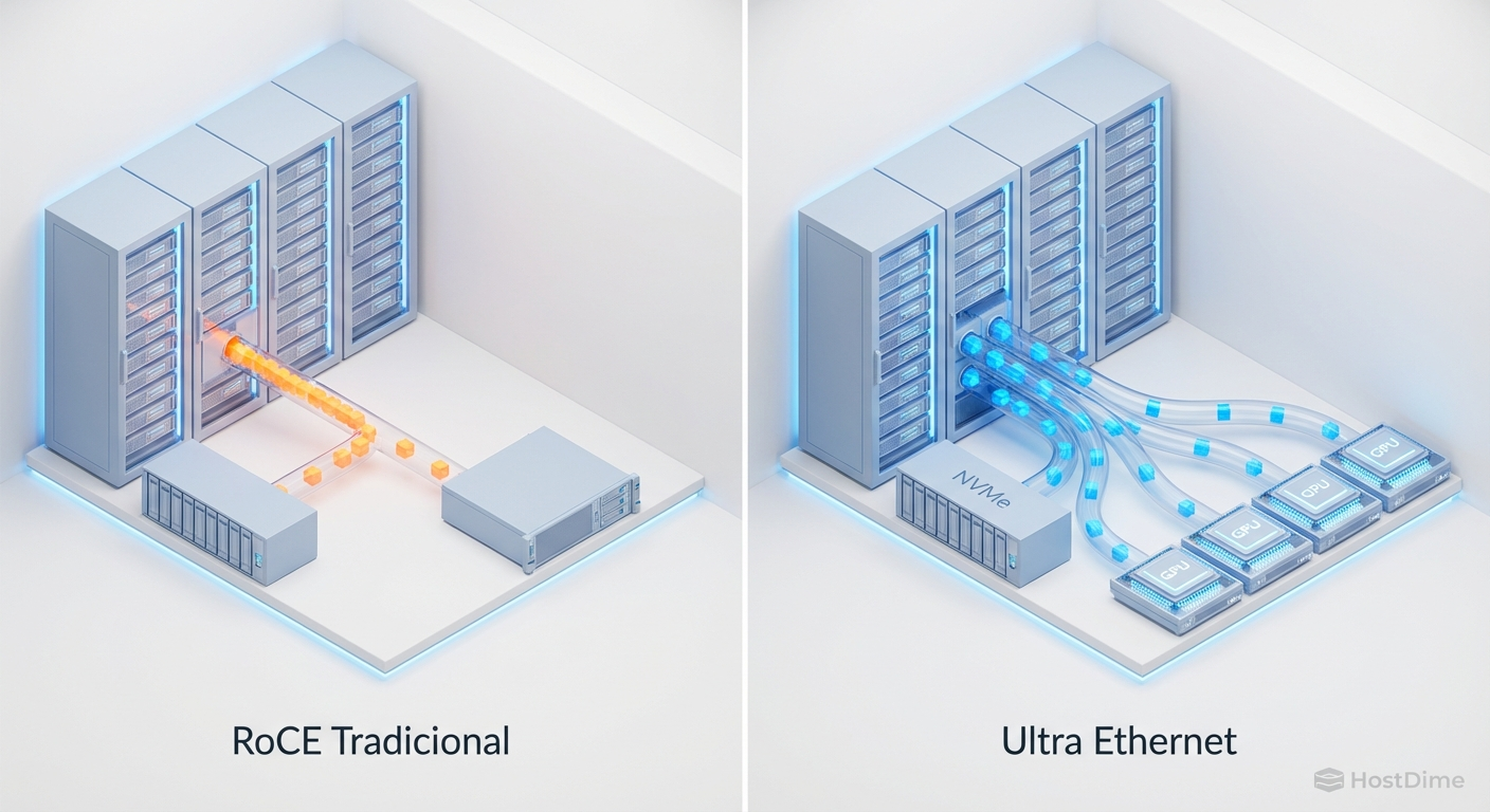 Representação visual de como o Ultra Ethernet resolve o congestionamento de pacotes entre o storage e as GPUs em comparação ao Ethernet tradicional.