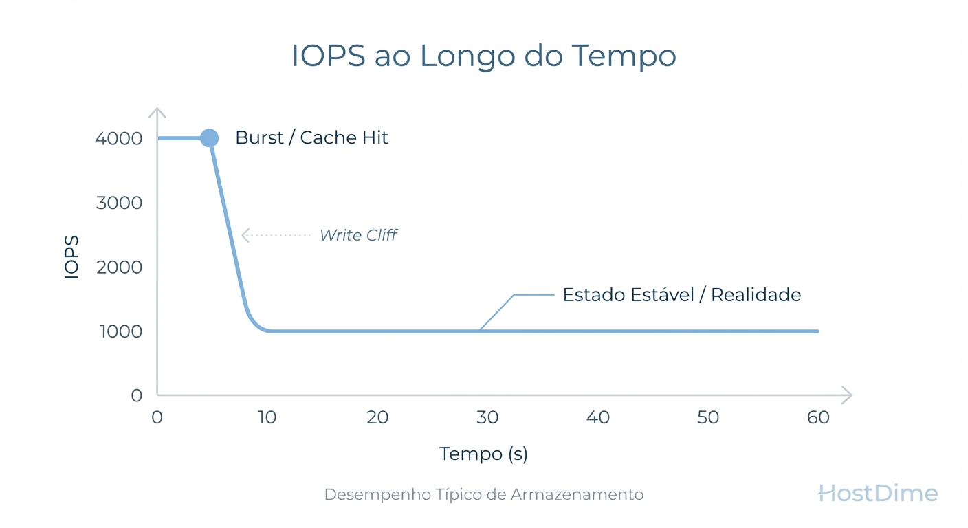 Fig. 1: O 'Precipício de Escrita' (Write Cliff). Benchmarks de curta duração capturam apenas o pico inicial, ignorando a performance real sustentada.