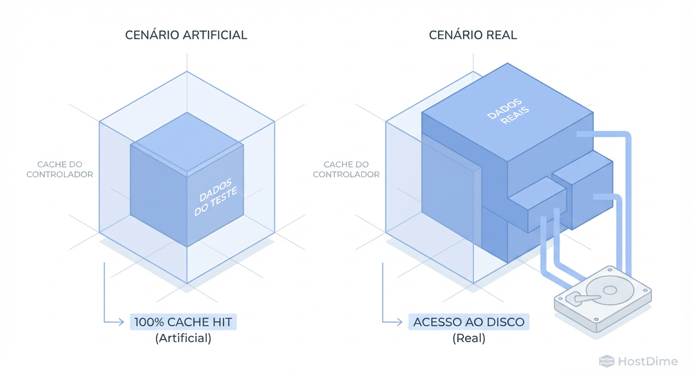 Fig. 2: A armadilha do Working Set. Se seus dados de teste cabem inteiramente na RAM do array, você está testando a memória, não o armazenamento.