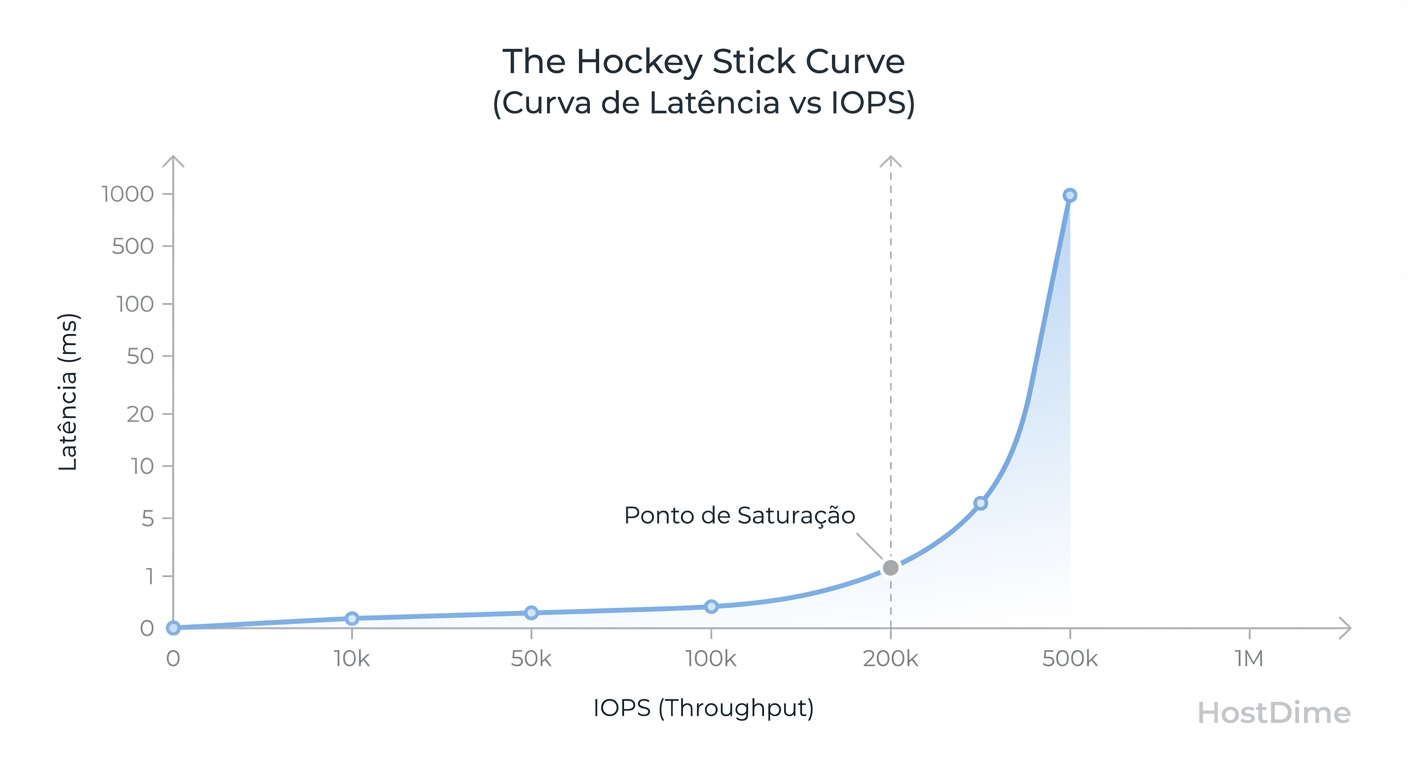 Fig. 4: A Curva de Latência vs. IOPS. O 'número máximo' de marketing geralmente está no topo da curva, onde a latência é inaceitável para produção.