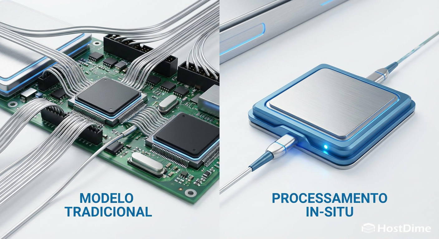 Comparativo arquitetural: O modelo tradicional versus o processamento in-situ, onde apenas os resultados refinados trafegam pelo barramento.