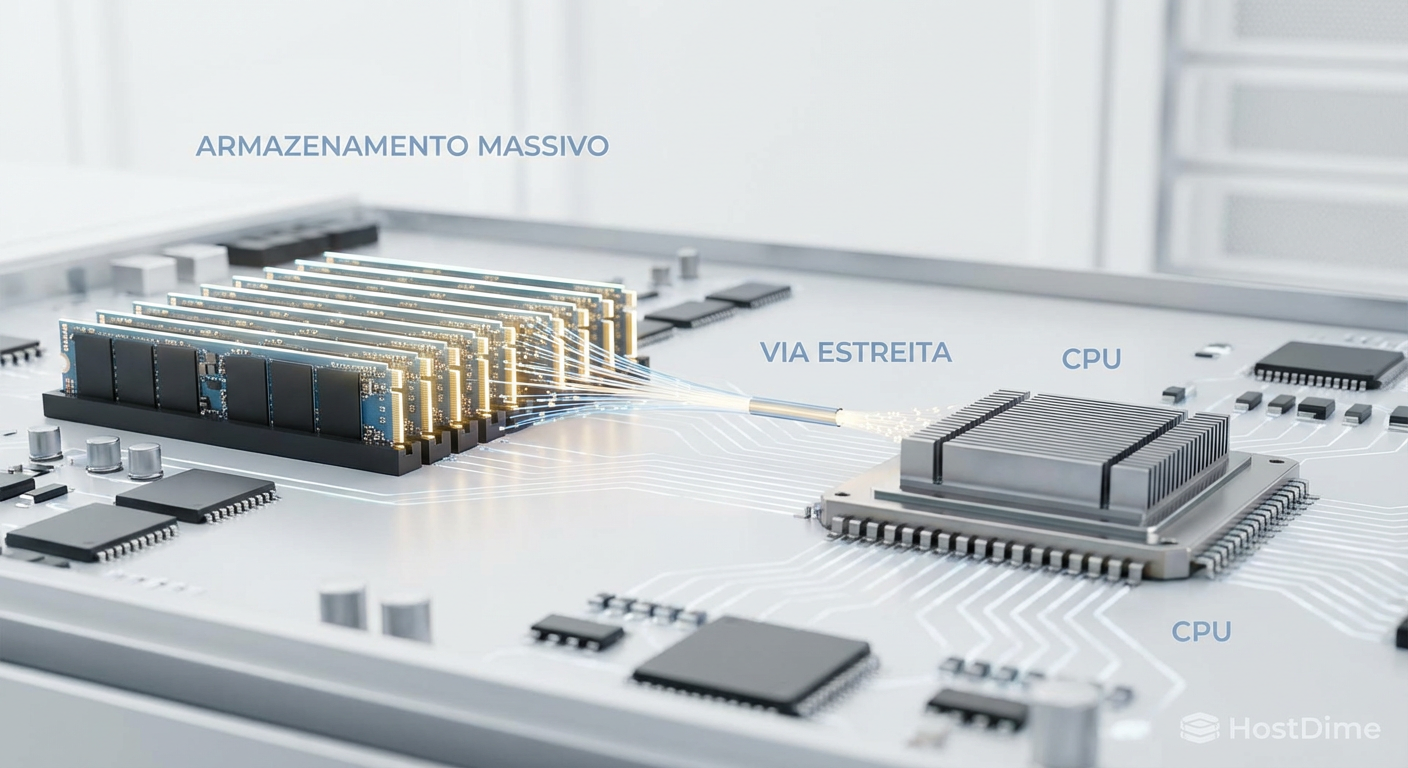 O gargalo de Von Neumann: uma representação visual da desproporção entre a capacidade massiva de armazenamento e a via estreita de transporte para a CPU.