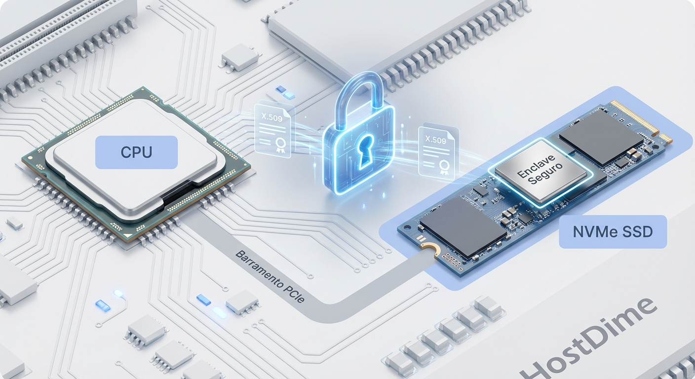 Diagrama conceitual do handshake criptográfico SPDM entre o host e o SSD NVMe no barramento PCIe