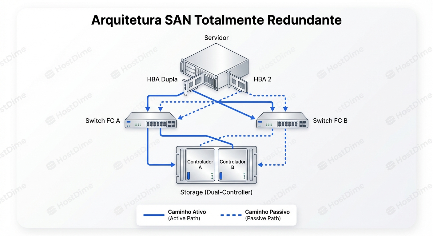 Topologia sem SPOF: A redundância física exige cabeamento cruzado entre HBAs, Switches e as portas Front-end de ambas as controladoras.