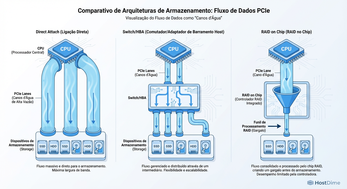 O Gargalo do Silício: Como a controladora RAID atua como um funil (Oversubscription) em arquiteturas NVMe massivas.