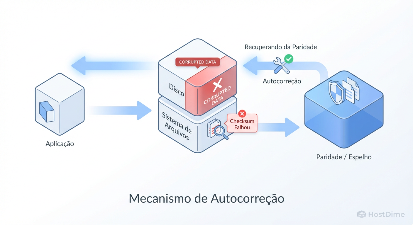 Fig. 2: O fluxo de Autocorreção (Self-Healing). O sistema de arquivos intercepta o dado podre, repara-o usando a redundância e entrega o dado limpo à aplicação, tudo em microssegundos.