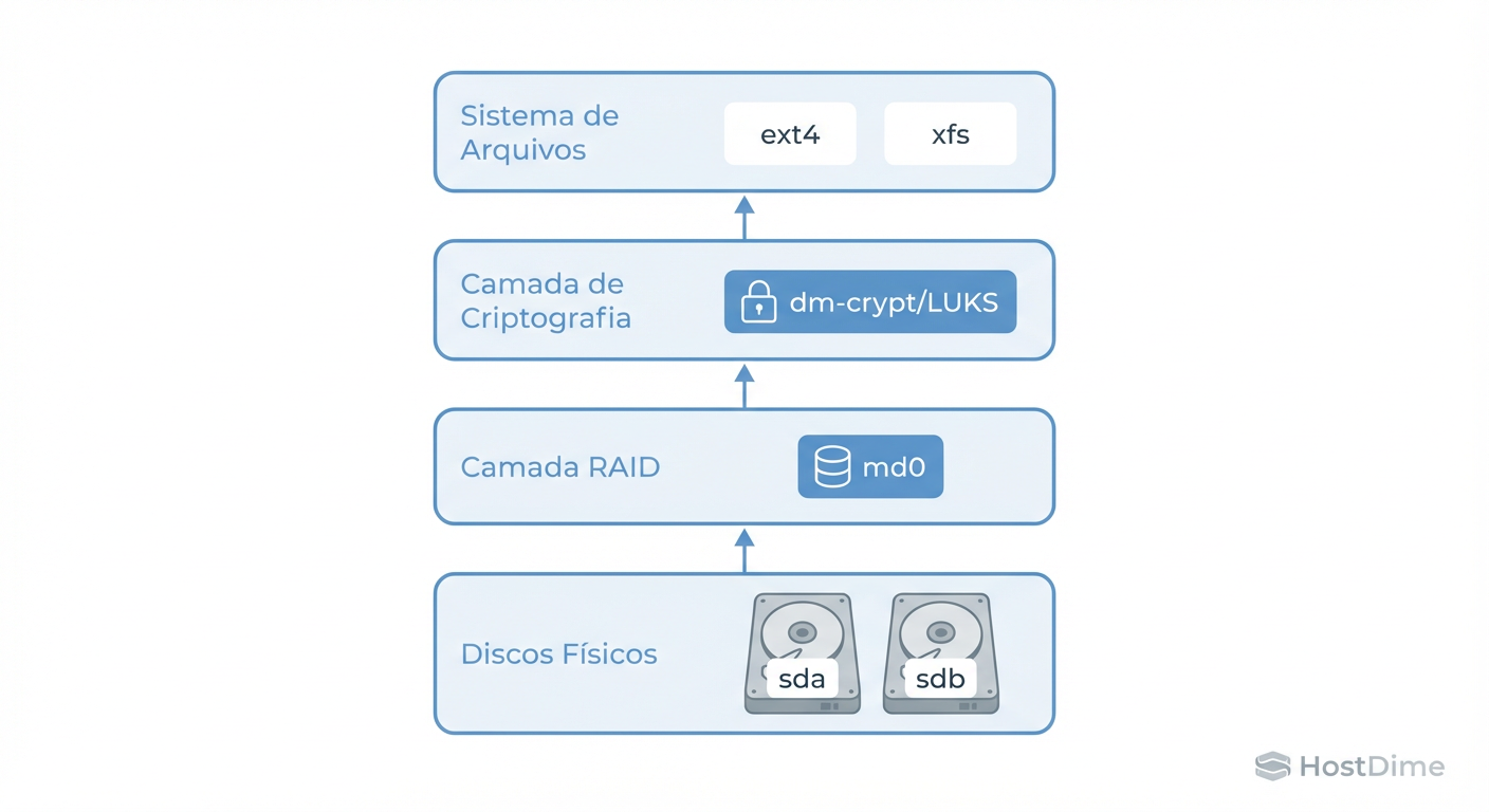 A Arquitetura de Camadas: O LUKS deve residir sobre o dispositivo md0 para abstrair a complexidade do hardware.