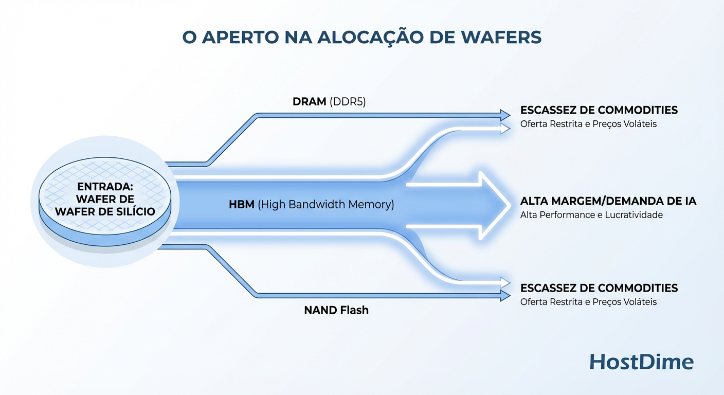 A Guerra dos Wafers: Como a priorização da memória HBM para IA canibaliza fisicamente a produção de DRAM e NAND para o resto do mercado.