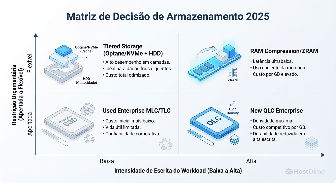 Matriz de Decisão de Compra 2025: Onde alocar orçamento quando o preço do Gigabyte triplica. Note o papel do QLC e do hardware usado.