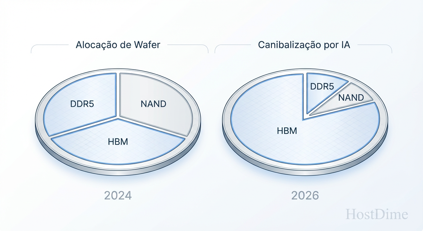 Fig. 1: O 'Efeito Pac-Man' da IA na produção de silício: cada wafer alocado para HBM é um a menos para sua infraestrutura tradicional.