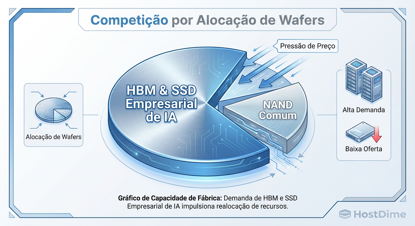 A Guerra do Wafer: Como a produção de HBM e SSDs para AI canibaliza a oferta de NAND convencional.