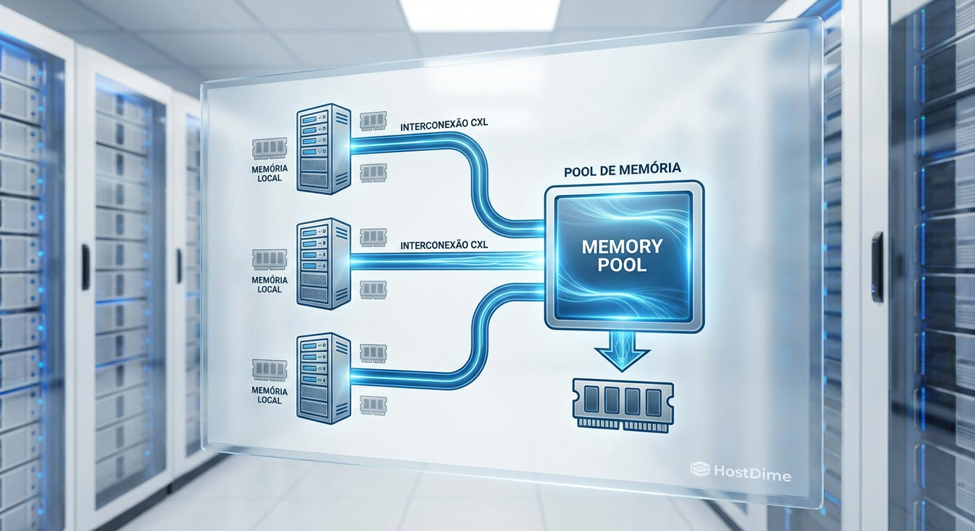 Diagrama esquemático demonstrando a arquitetura CXL em um Data Center, onde múltiplos servidores acessam um pool compartilhado de memória, reduzindo a necessidade de superprovisionamento individual.