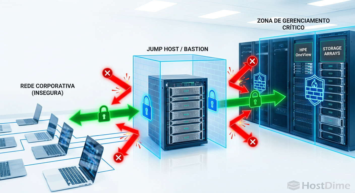 Arquitetura de Tiering: Isolando o Management Plane através de Jump Servers e bloqueio de rotas diretas.