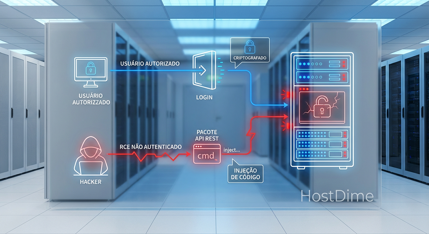 Diagrama técnico ilustrando o fluxo de ataque da CVE-2025-37164: o bypass da autenticação via injeção no parâmetro cmd e o acesso direto à infraestrutura de storage.