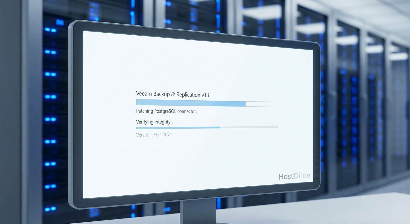 Monitor exibindo o processo de atualização do Veeam v13 para o build 13.0.1.1071 em um ambiente de datacenter.