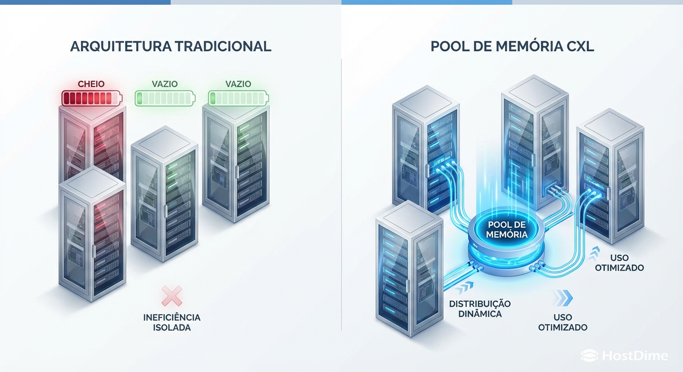 Comparativo visual entre a arquitetura tradicional com memória isolada e ineficiente versus o modelo de Memory Pooling via CXL, onde recursos são alocados dinamicamente.