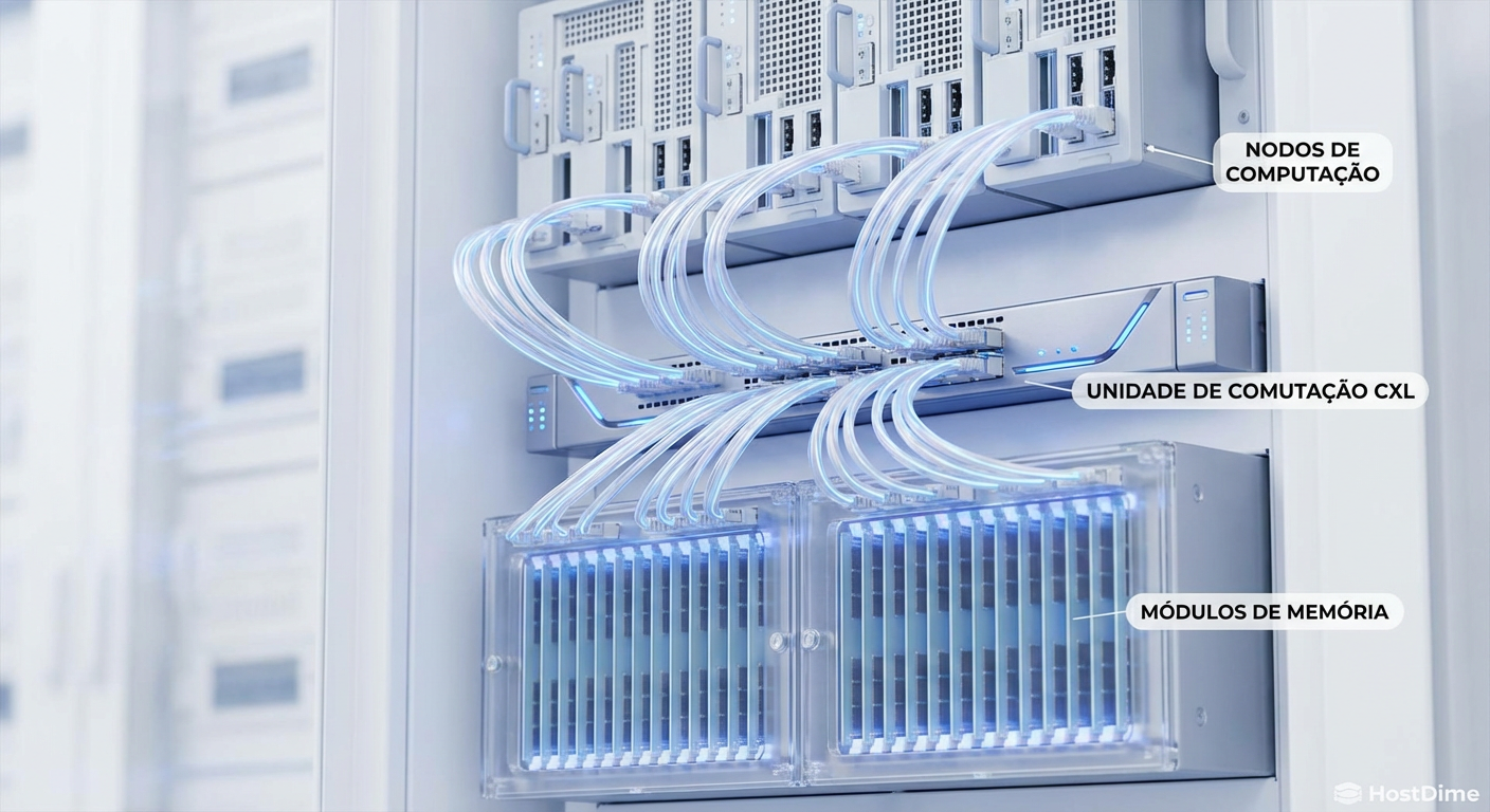 Detalhe interno de um rack moderno mostrando um Switch CXL central conectando lâminas de computação a gavetas de memória dedicadas, ilustrando a desagregação física do hardware.