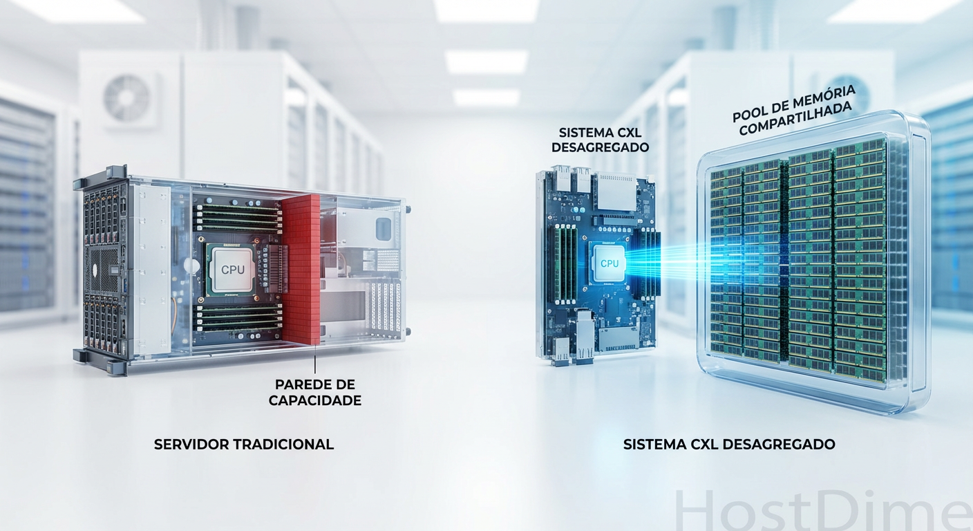 Comparativo visual: A rigidez da arquitetura tradicional versus a flexibilidade do pool de memória via CXL.