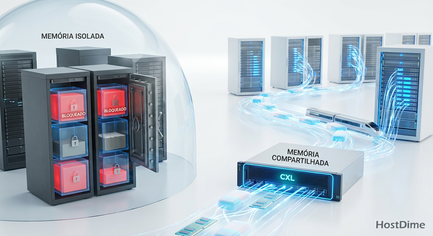 O fim do desperdício: Visualizando como o pooling de memória elimina a capacidade ociosa presa em servidores individuais.