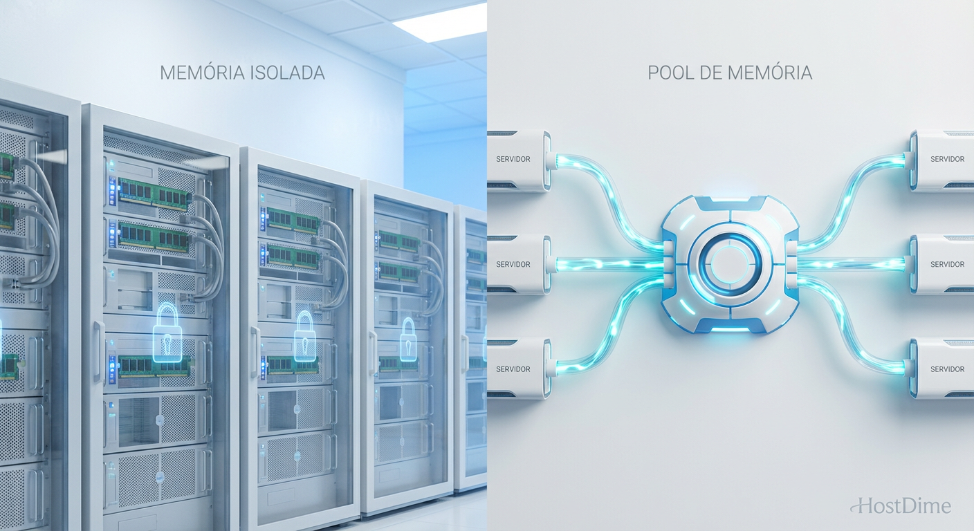 Comparativo visual: A rigidez dos servidores tradicionais versus a fluidez do pool de memória compartilhada via CXL.