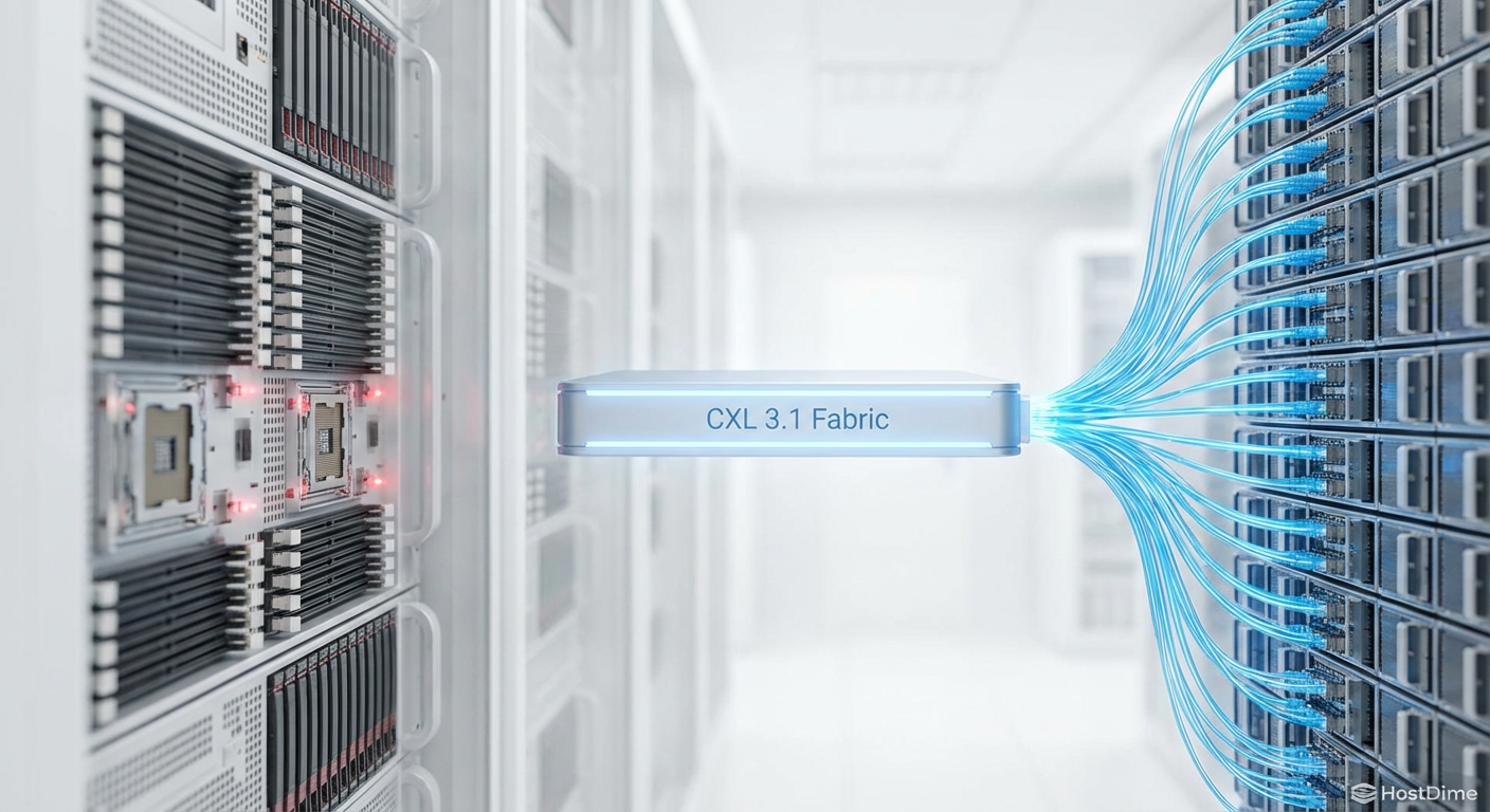 O conceito de Memory Pooling via CXL permite que múltiplos servidores acessem um banco de memória centralizado, eliminando o desperdício de recursos locais.