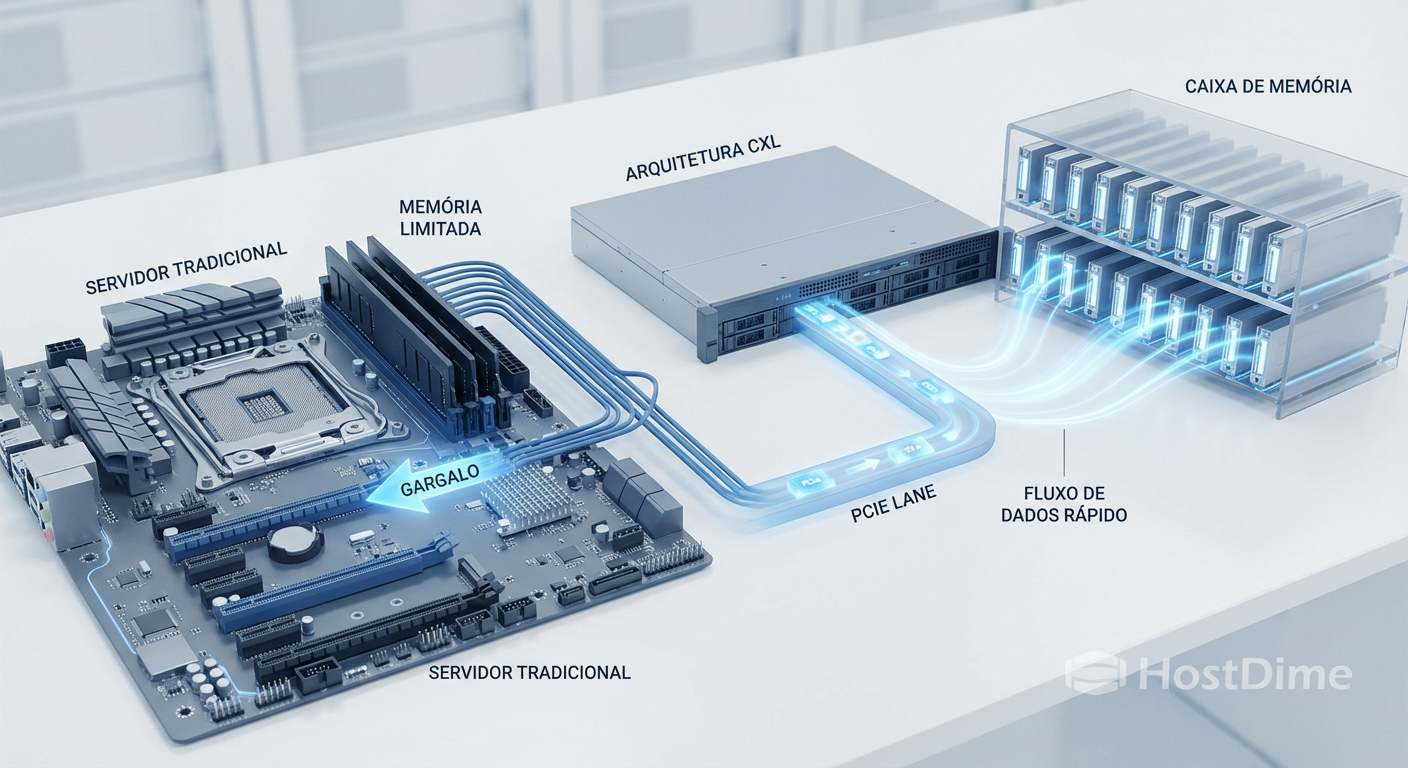 Comparação arquitetural: A limitação física dos slots DIMM tradicionais versus a expansão fluida proporcionada pelos módulos CXL via barramento PCIe.
