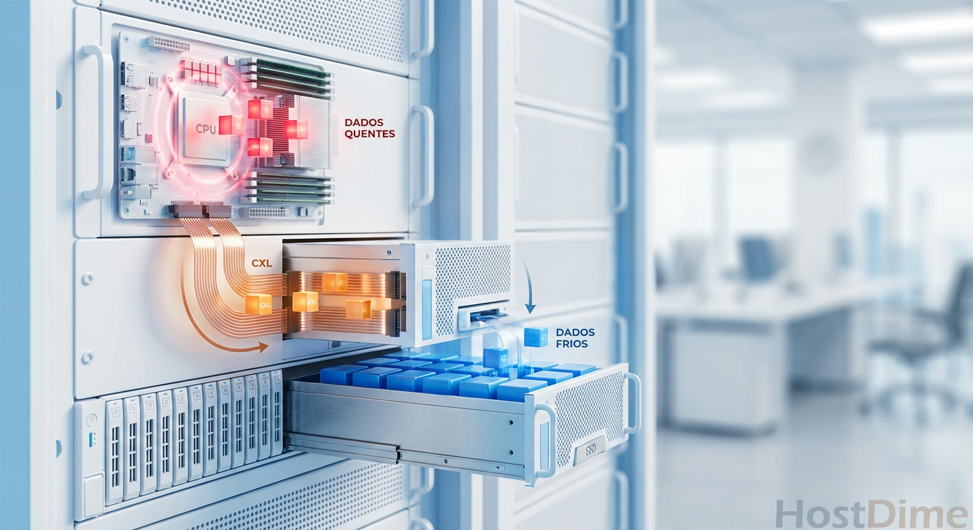 Visualização do Tiering de Memória: O fluxo dinâmico de dados quentes (CPU/DRAM), mornos (CXL) e frios (NVMe) em uma infraestrutura moderna.