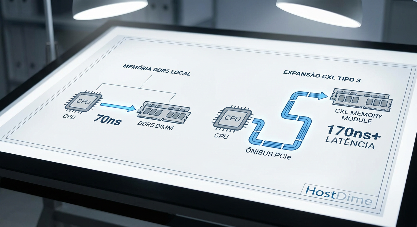 Comparativo de latência: O caminho direto da DDR5 local versus a rota longa através do protocolo CXL sobre o barramento PCIe.