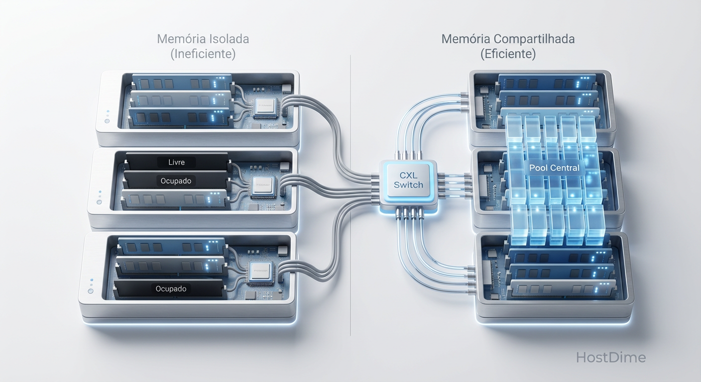 Fig. 1: O problema da fragmentação de recursos (Stranded Memory) vs. a eficiência do Pooling via CXL.