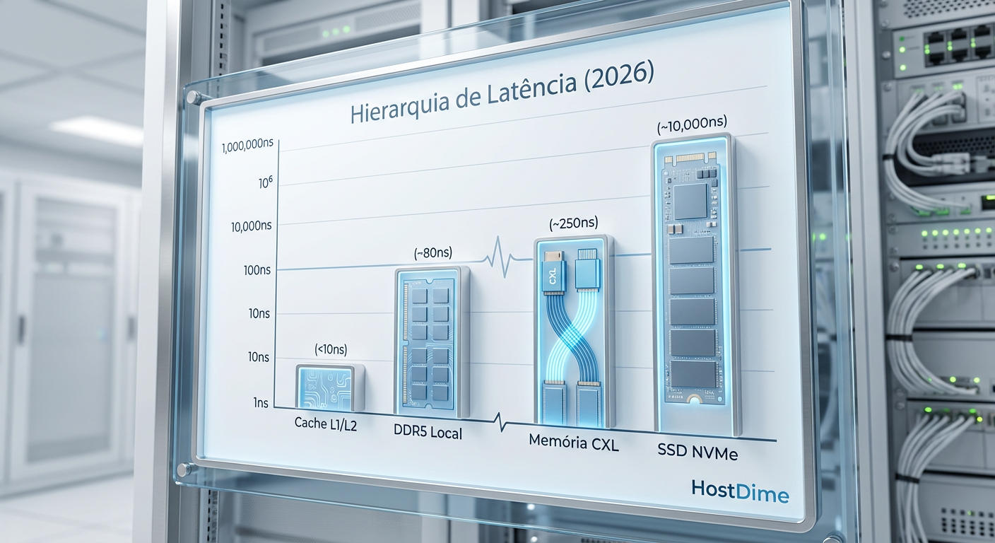 Fig. 2: A hierarquia de latência em 2026. O CXL preenche o abismo de desempenho entre a DRAM local e o armazenamento Flash.