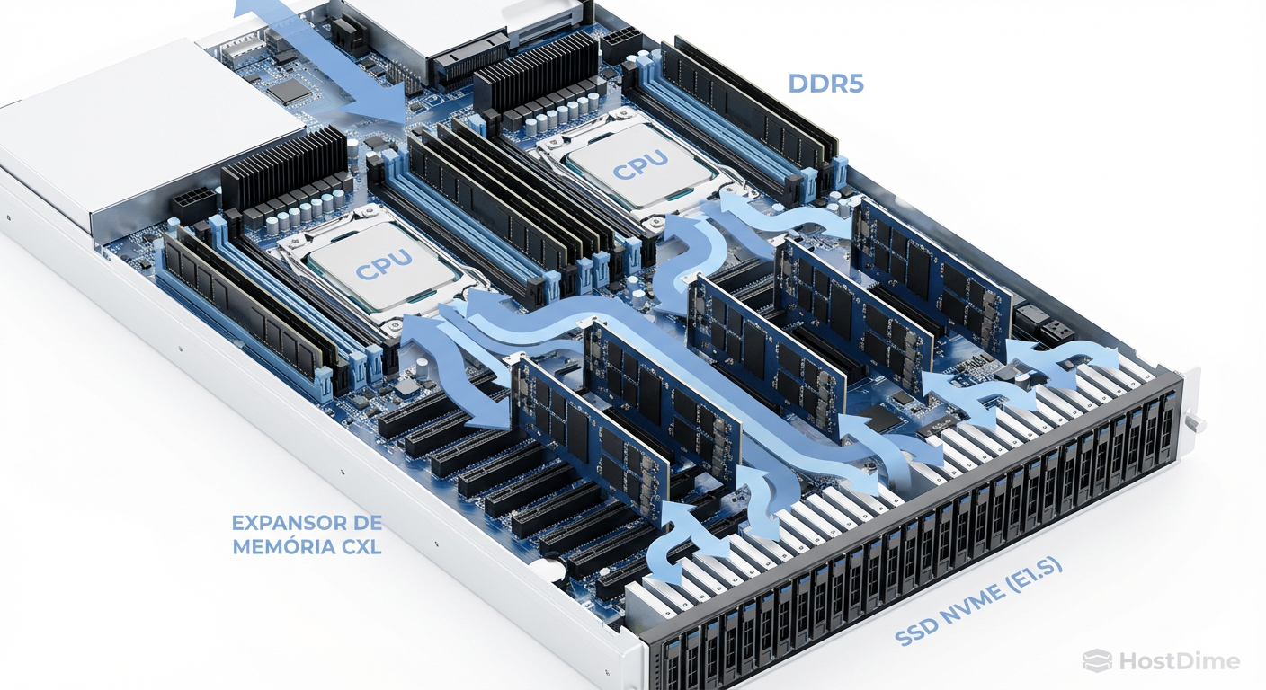 A anatomia de um servidor moderno: Slots DIMM para velocidade máxima, módulos CXL para capacidade expandida e baias NVMe para armazenamento massivo.