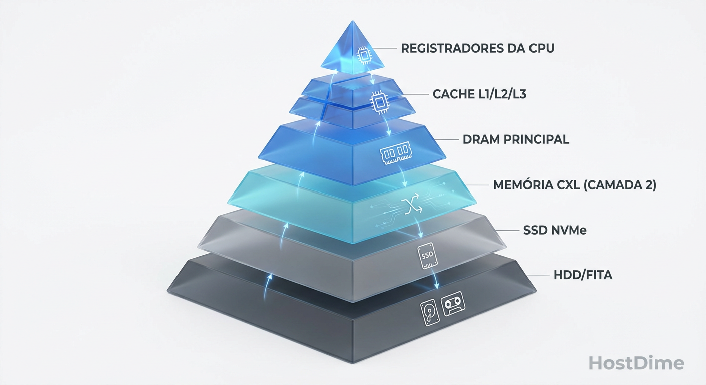 A pirâmide de hierarquia de memória atualizada: o CXL ocupa o espaço crítico entre a DRAM principal e o armazenamento NVMe.