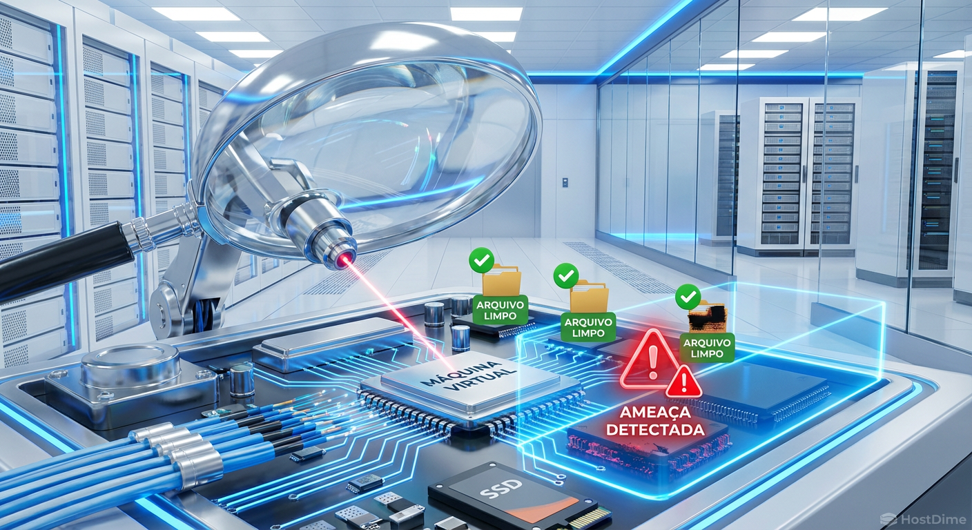 Representação visual de uma Clean Room: O processo de inspeção forense onde máquinas virtuais são montadas e escaneadas em busca de ameaças latentes antes da restauração.