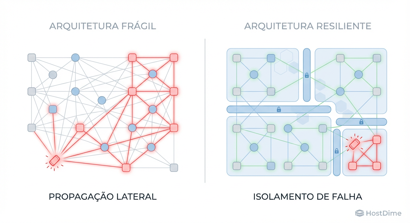 Fig. 1: A diferença entre resistir e falhar catastroficamente. A segmentação limita o 'Blast Radius' de um ataque.