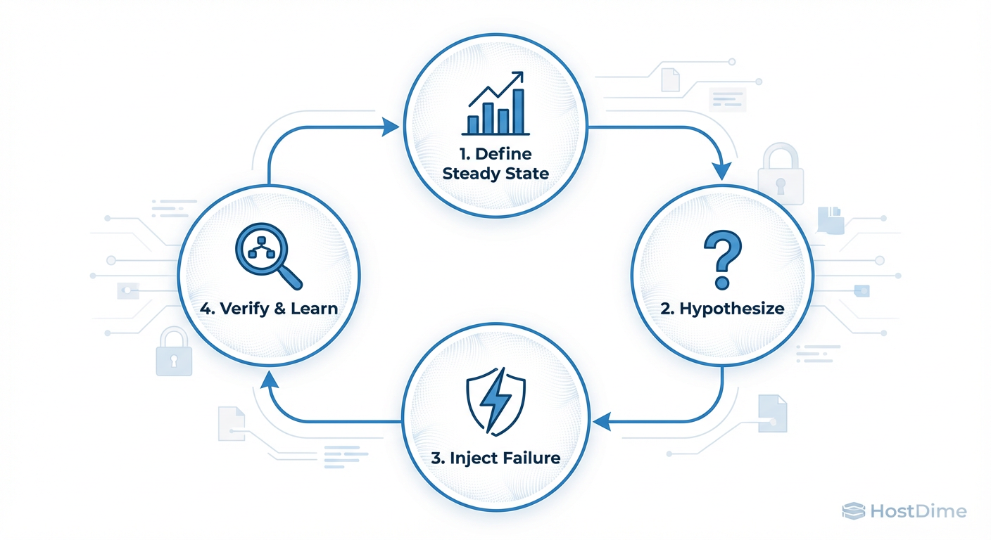 Fig. 2: O ciclo da Engenharia do Caos aplicada à Segurança. Não assuma que funciona; quebre para provar.