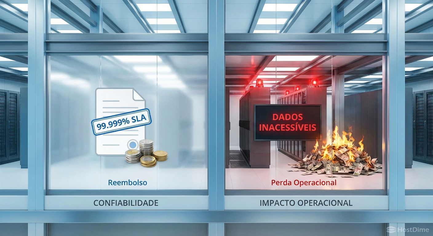 Comparativo visual entre a garantia contratual (crédito financeiro irrisório) e o impacto real no Data Center (perda massiva de capital e caos operacional).