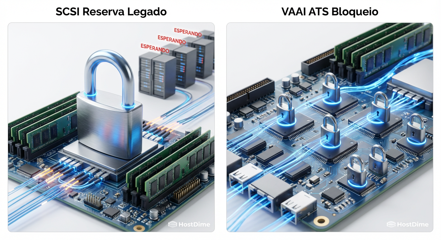 A diferença crítica entre travar o Datastore inteiro (SCSI Reservation) e o bloqueio granular por setor (ATS).