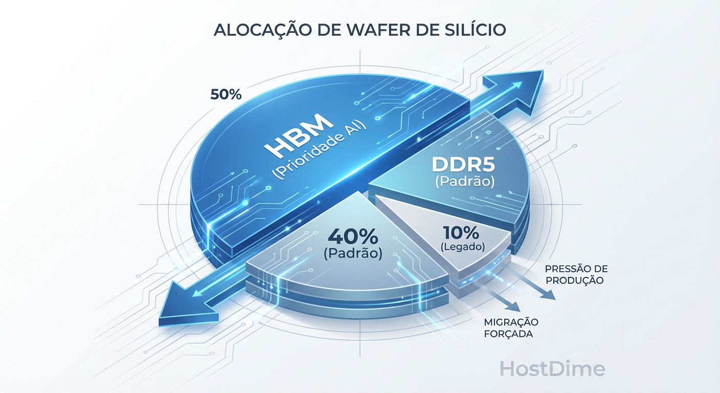 Alocação de Wafers em 2025: O HBM canibaliza a capacidade produtiva da DDR4.