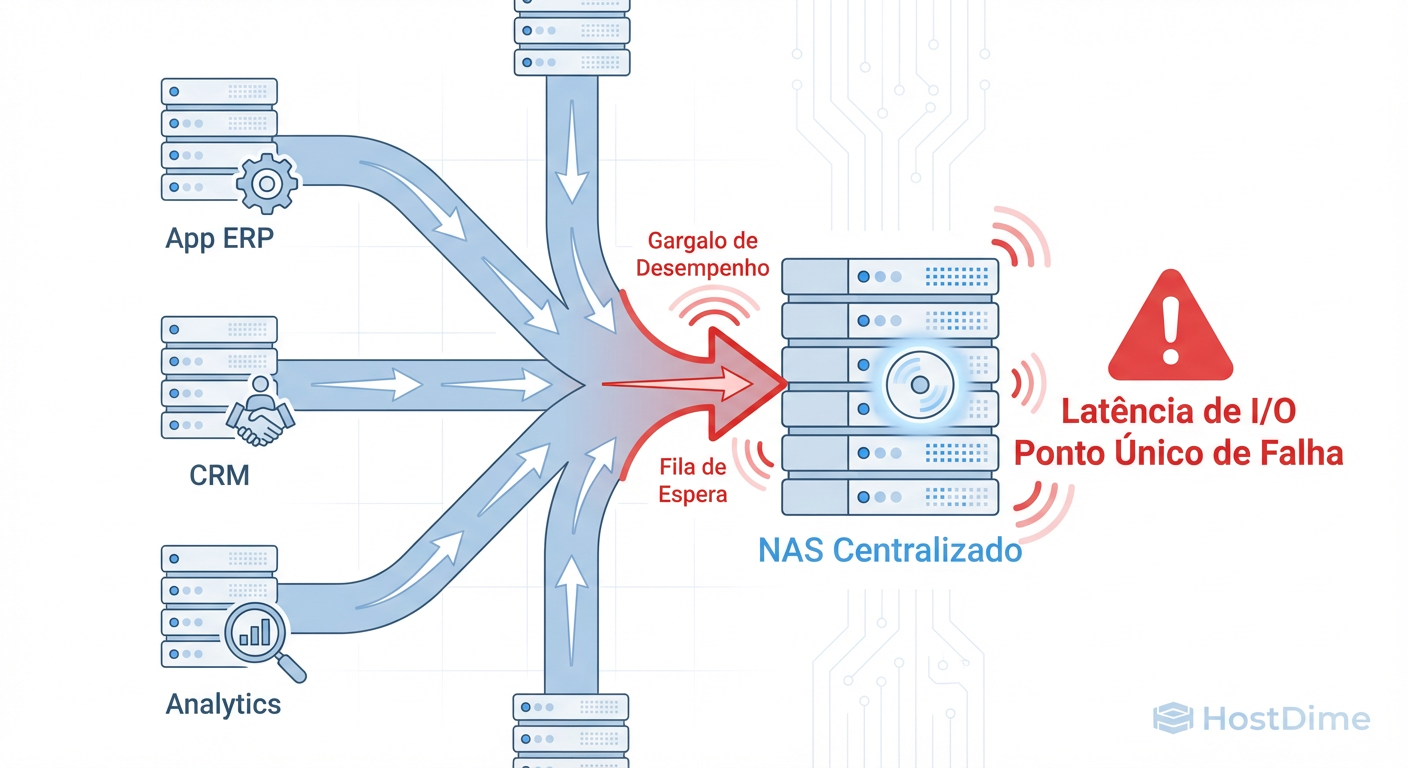 Fig. 1: O gargalo de I/O e risco de disponibilidade em arquiteturas centradas puramente em NAS monolítico.