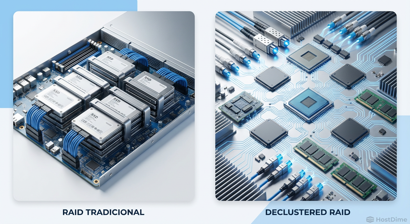 Comparação de Layout: O RAID tradicional isola dados em grupos fixos, enquanto o Declustered RAID pulveriza dados e espaço livre através de todo o parque de discos.