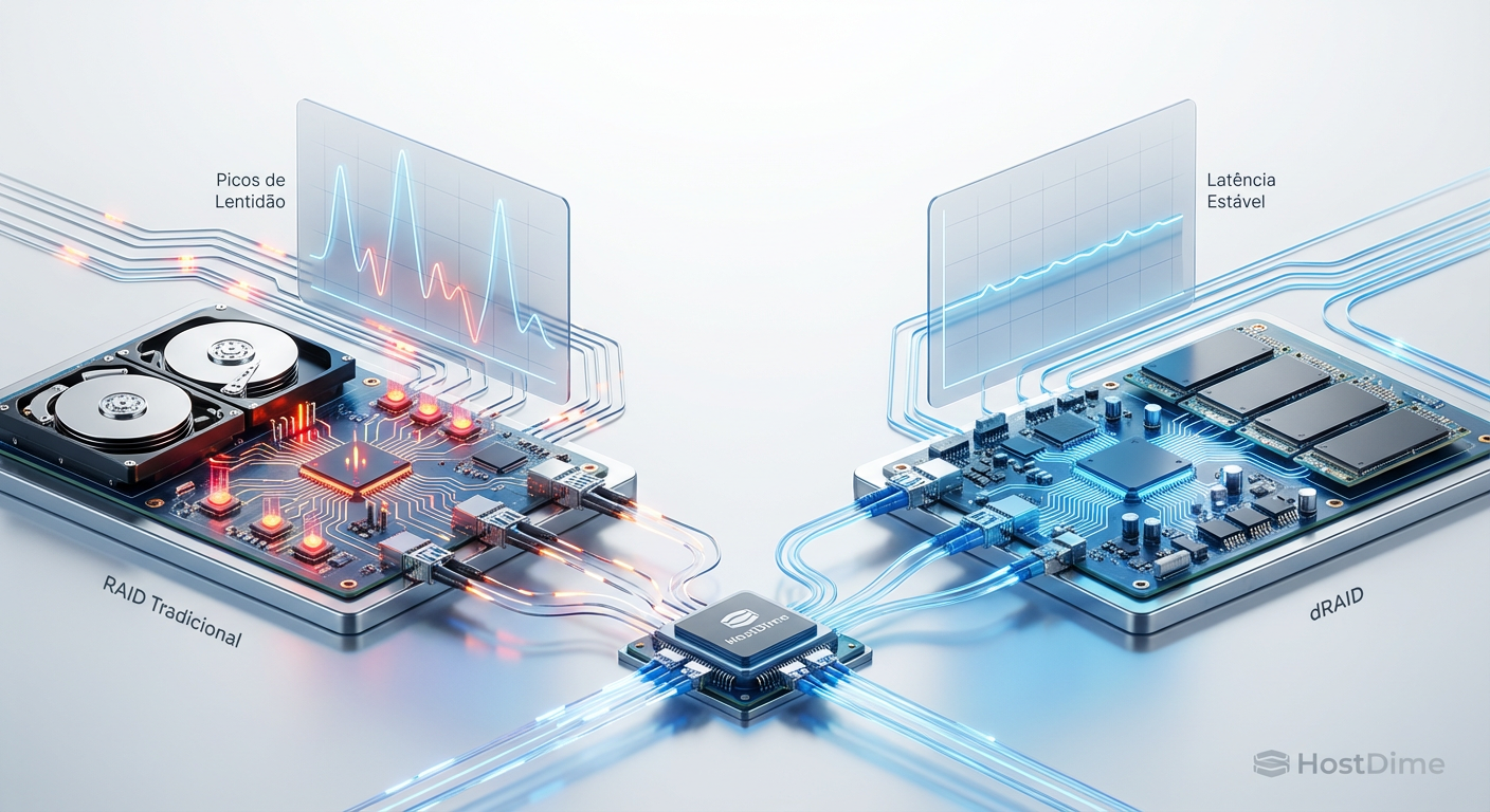 Impacto na Latência: O gráfico demonstra como o dRAID mantém a latência estável para as aplicações, enquanto o RAID tradicional causa picos de lentidão prolongados.