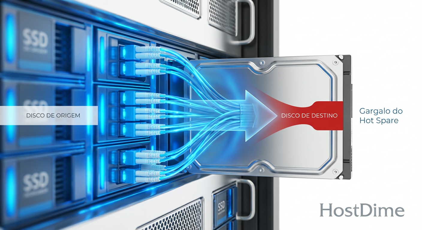 O gargalo do Hot Spare: Múltiplos discos de origem tentam despejar dados em um único disco de destino, limitando a velocidade de recuperação à física de um único atuador.