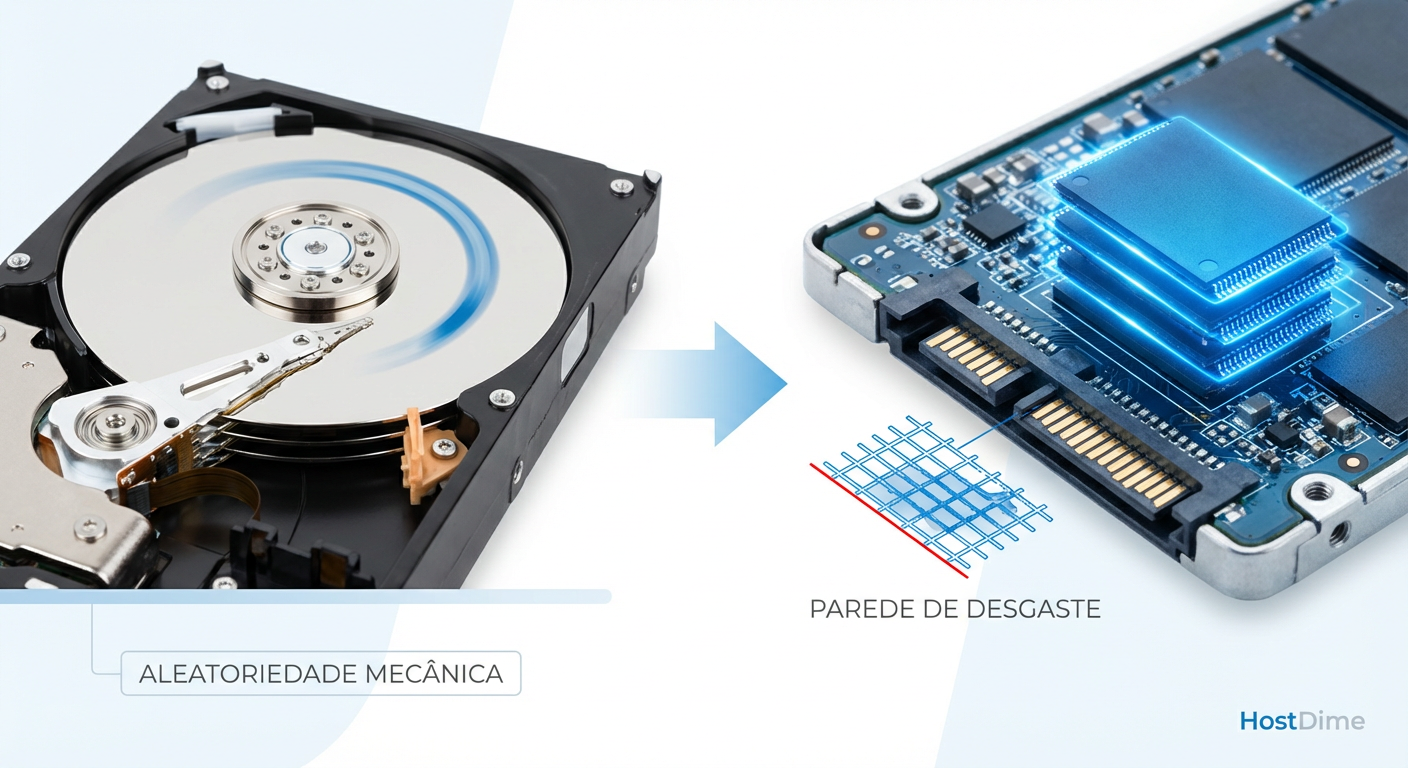 Comparativo de probabilidade de falha: a aleatoriedade mecânica do HDD versus a parede de desgaste determinística do SSD.