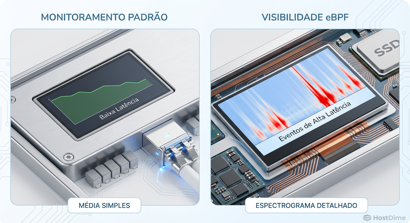Comparativo visual entre monitoramento padrão e visibilidade eBPF, mostrando como mapas de calor revelam picos invisíveis em gráficos de linha.